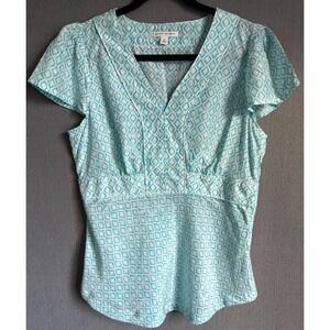 Banana Republic Top Silk Women Size 14 Multicolor Geometric V Neck Short Sleeve